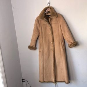 Utex Faux Shearling Long Coat Camel Tan Suede Plush Lined Full Length Medium